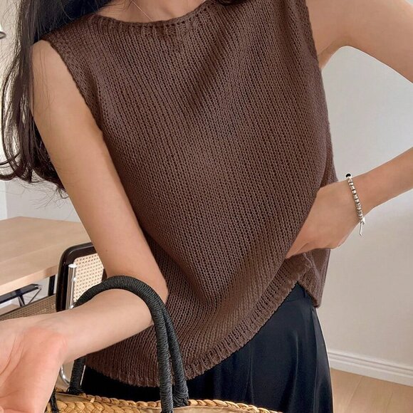 Coffee Brown Casual Women's Solid Round Neck Knit Top - Picture 1 of 4